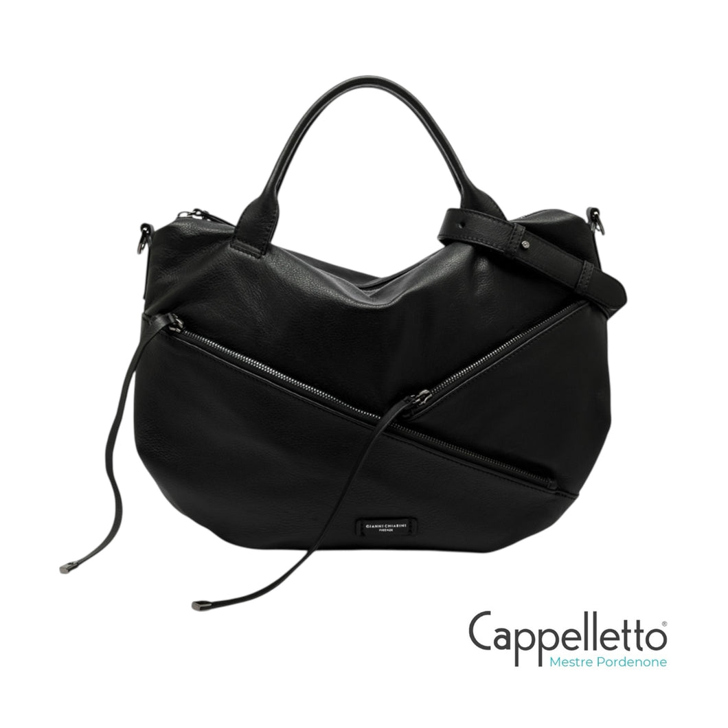 SHANIA Borsa con Manici e Zip in Pelle Nera