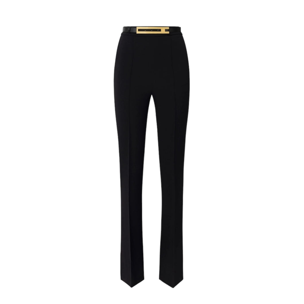 Pantalone dritto in crêpe stretch con cintura Nero