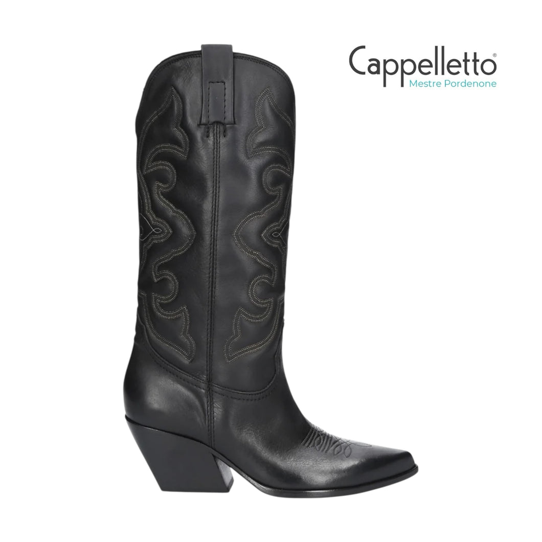 Stivale Texano E2000 Ricamato in Pelle Nera