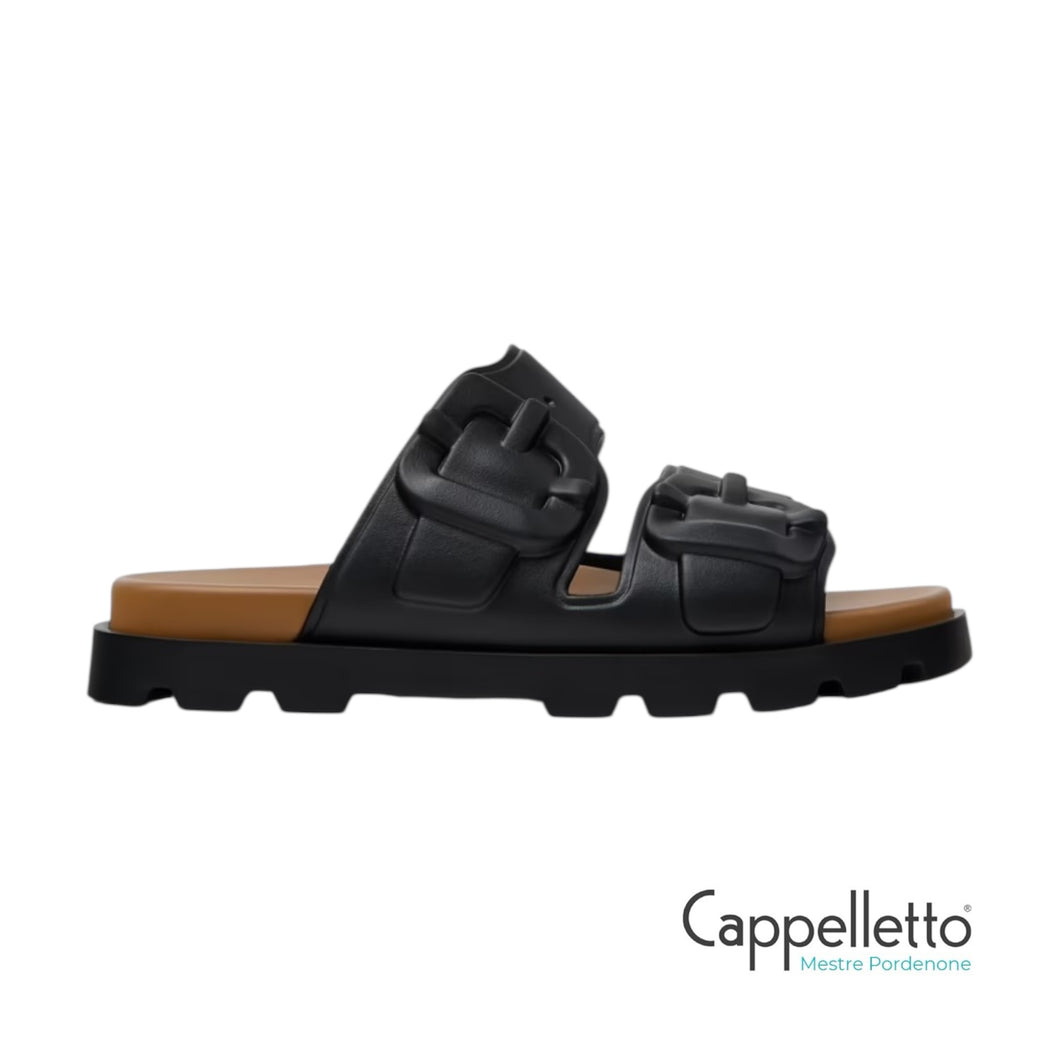 BRUTUS Ciabatta Due Fascie in Pelle Nera Donna