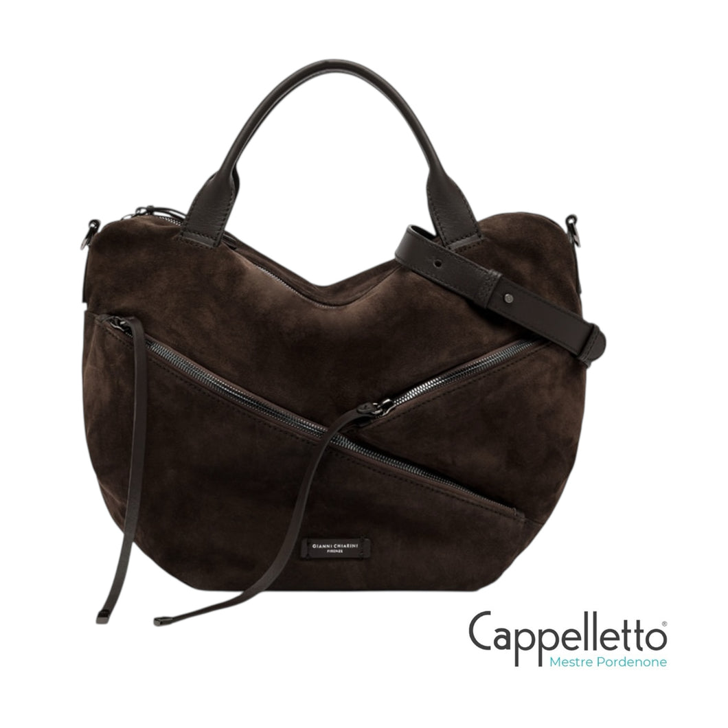 SHANIA Borsa con Manici e Zip in Pelle Scamosciata Moka
